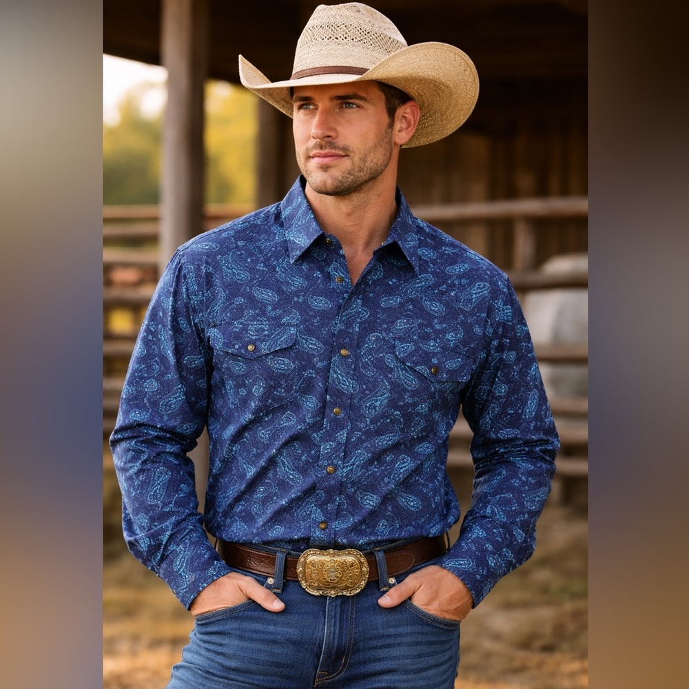 Cinch Western Paisley Pearl Snap Shirt Men’s Large Blue Rodeo Cowboy